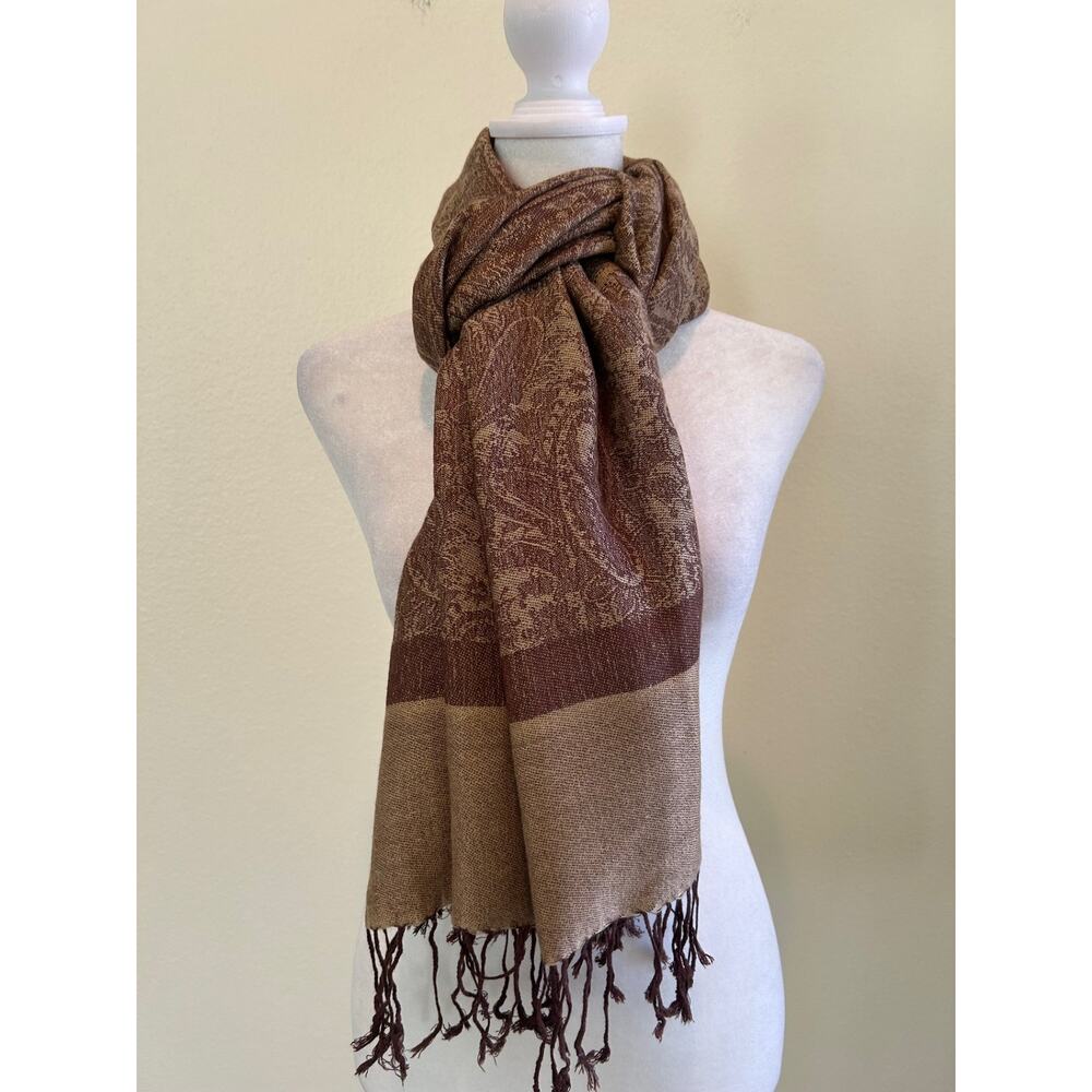 Pashmina Scarf Shawl Silk Blend Brown Floral Tassel Hem Winter Evening Luxe